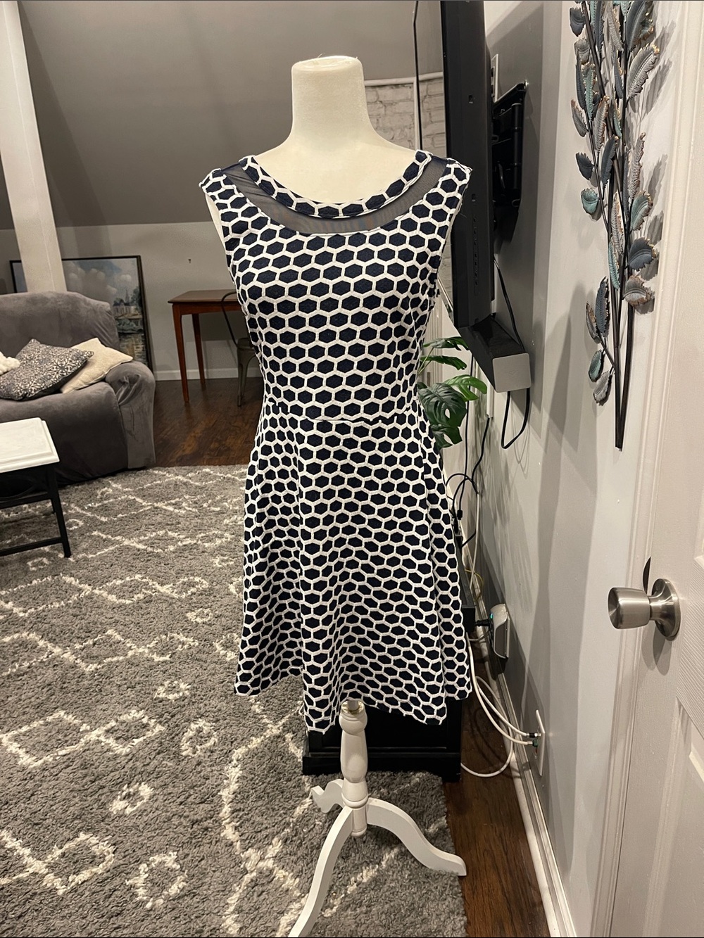 Pixley black and White Hexagon Fit-and-Flare Dress